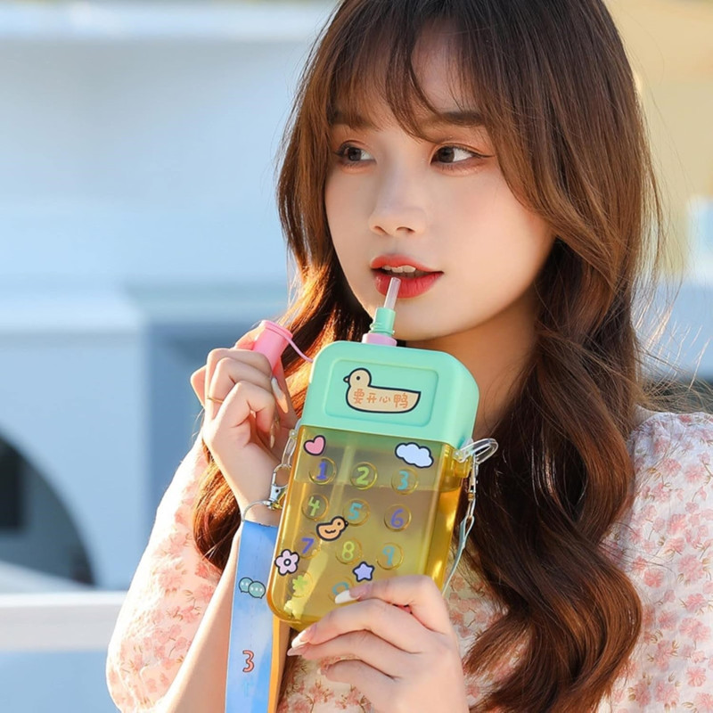 Cute Water Bottles with Straws Mobile Phone Travel Cup
