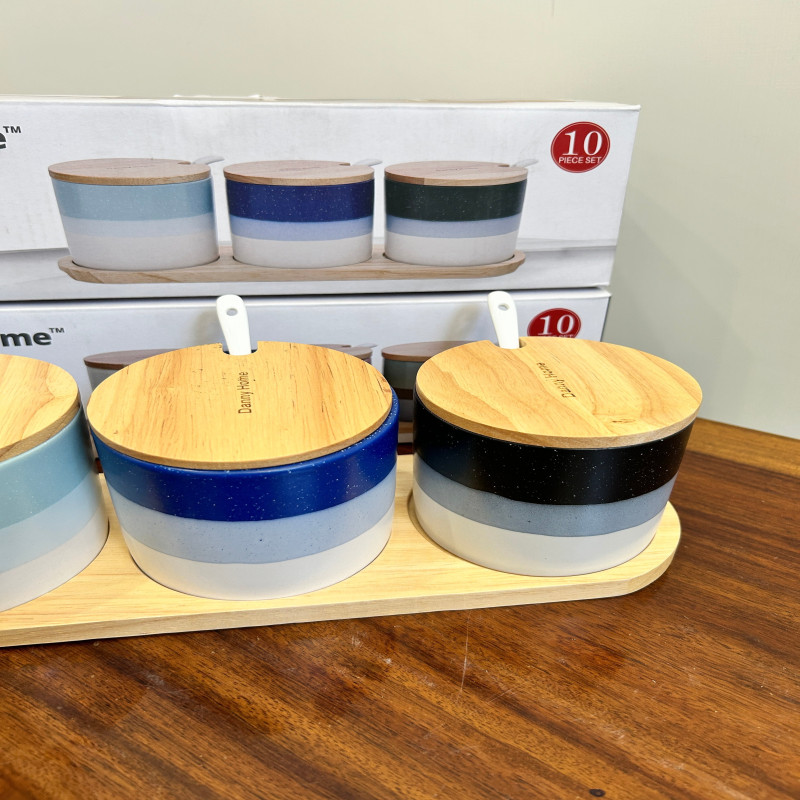Danny Home 3PCS Porcelain Ceramic Seasoning Jar Sets with Wooden Lids & Spoons