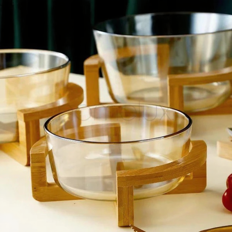 European Style Transparent Glass Fruit Bowl with Wooden Stand
