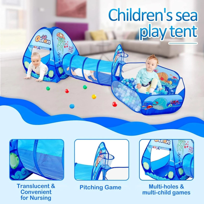 Infantes 3 Pc Ball Pit Kids Tunnel Tent Ocean Blue + Free 50 Balls