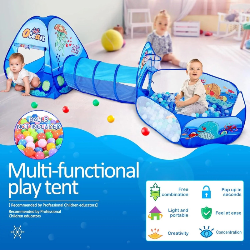 Infantes 3 Pc Ball Pit Kids Tunnel Tent Ocean Blue + Free 50 Balls