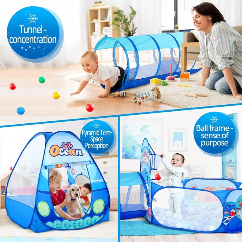 Infantes 3 Pc Ball Pit Kids Tunnel Tent Ocean Blue + Free 50 Balls