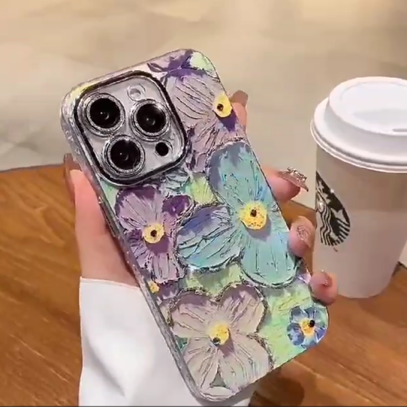 iPhone All Model Cover-Luxurious Glitter Lens Film Oil Painting Floral Phone Case