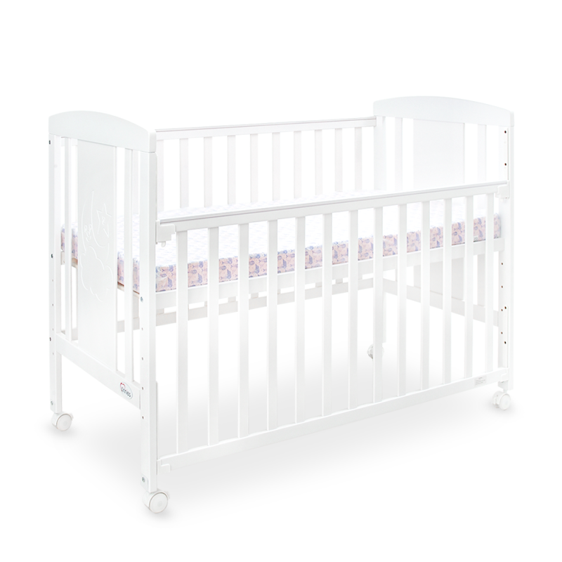 Tinnies White Wooden Baby Cot with Adjustable Side Panel, Wheels & Mosquito Net (0–4 Years, Up to 18 kg)