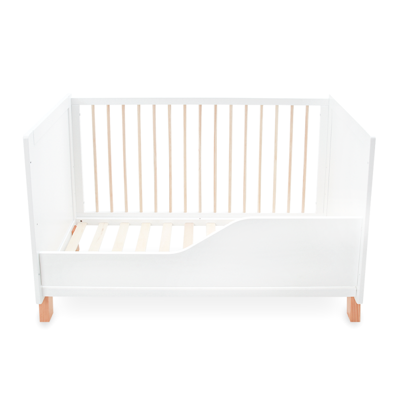 White Wooden Baby Cot – 2-in-1 Convertible Scandi Design with Mosquito Net (0–6 Years, Up to 18 kg)