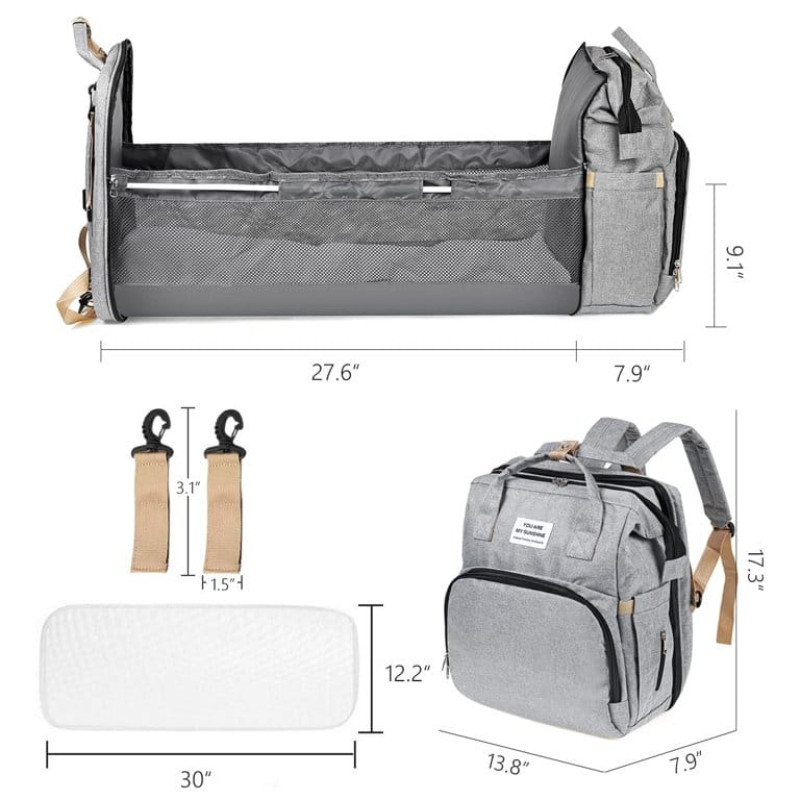 4 In 1 Waterproof Travel Diaper Backpack & Changing Bed Grey