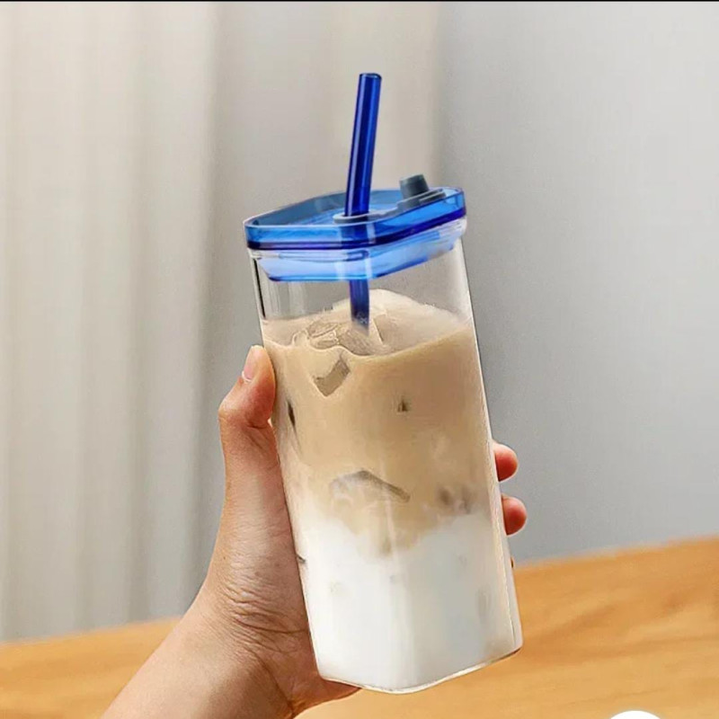 Square Glass Cup With Bamboo Lid & Straw