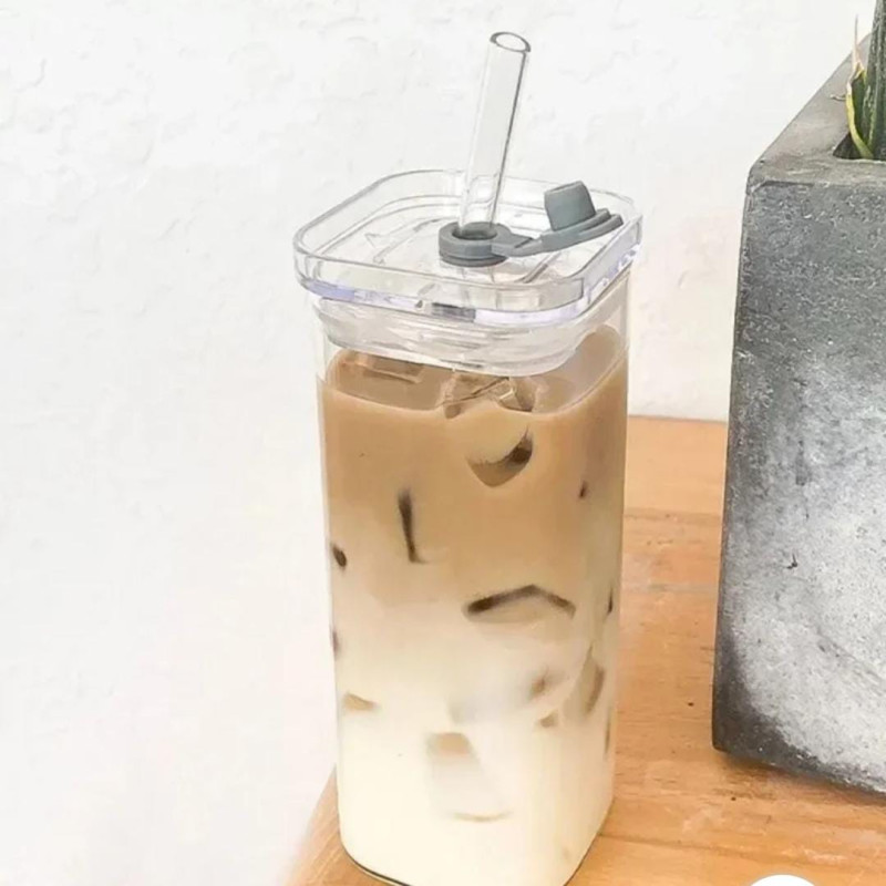 Square Glass Cup With Bamboo Lid & Straw