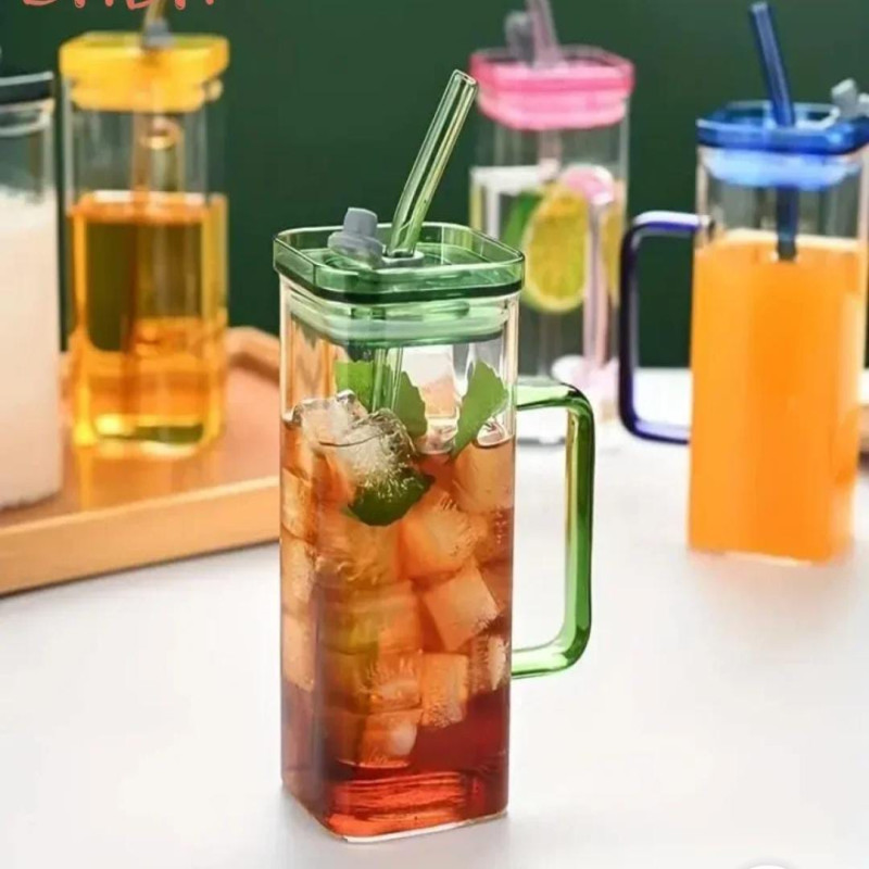 Square Glass Cup With Bamboo Lid & Straw