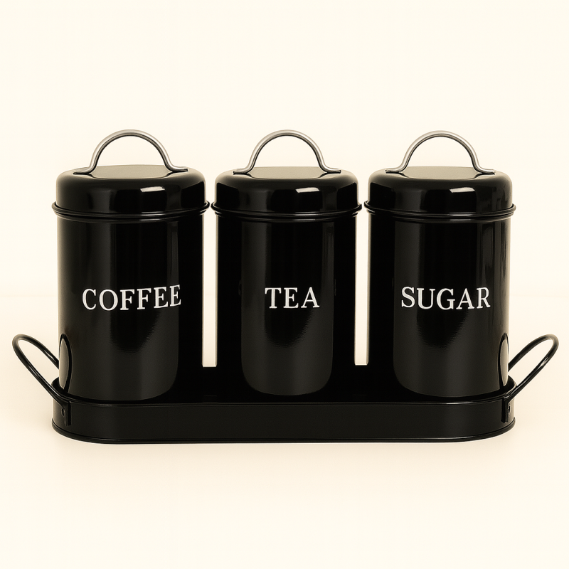 Vintage Retro Metal Jar Set With Tray