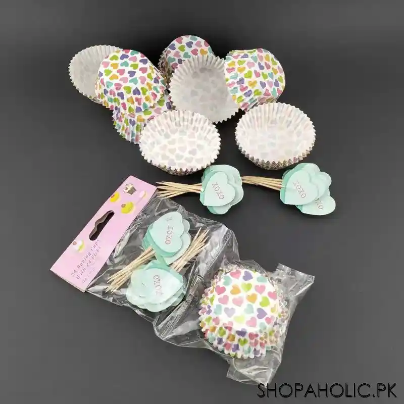 Cupcake Baking Liners and Heart Topper Picks (24 Cups with 24 Picks)