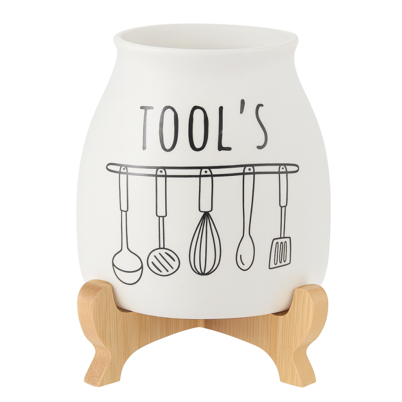 Porcelain Cutlery Holder With Bamboo Stand