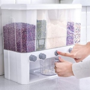 Kitchen Five Grid Rice Cereal Insect Wet Proof Dispenser Container With Measure Cup 15 Kg