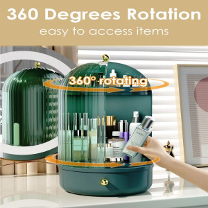 Rotating Makeup Storage With Cover And Drawer, Large Skincare Cosmetics Organizer (Green)