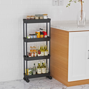 Black 4 Tier Slim Storage Cart, Rolling Storage Cart, Narrow Shelf For Kitchen, Bathroom, Laundry Room