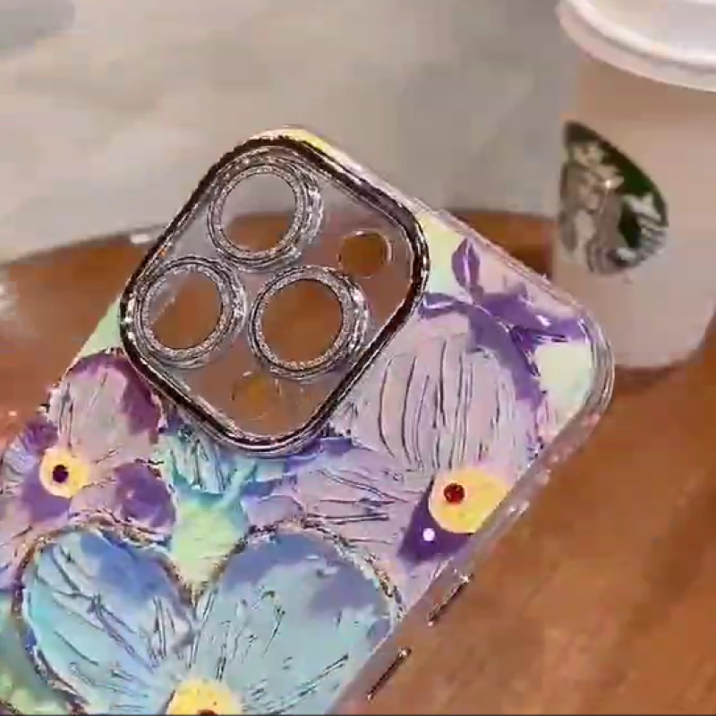 iPhone All Model Cover-Luxurious Glitter Lens Film Oil Painting Floral Phone Case