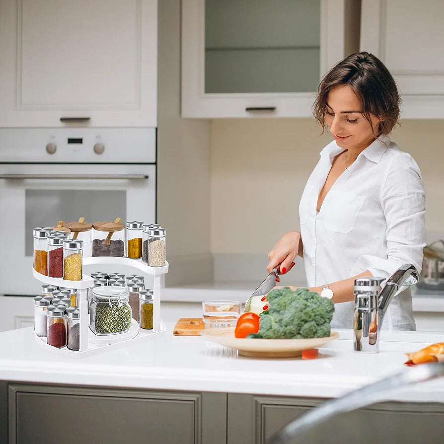 2 Tier Adjustable Rotating Spice Rack Countertop Organizer