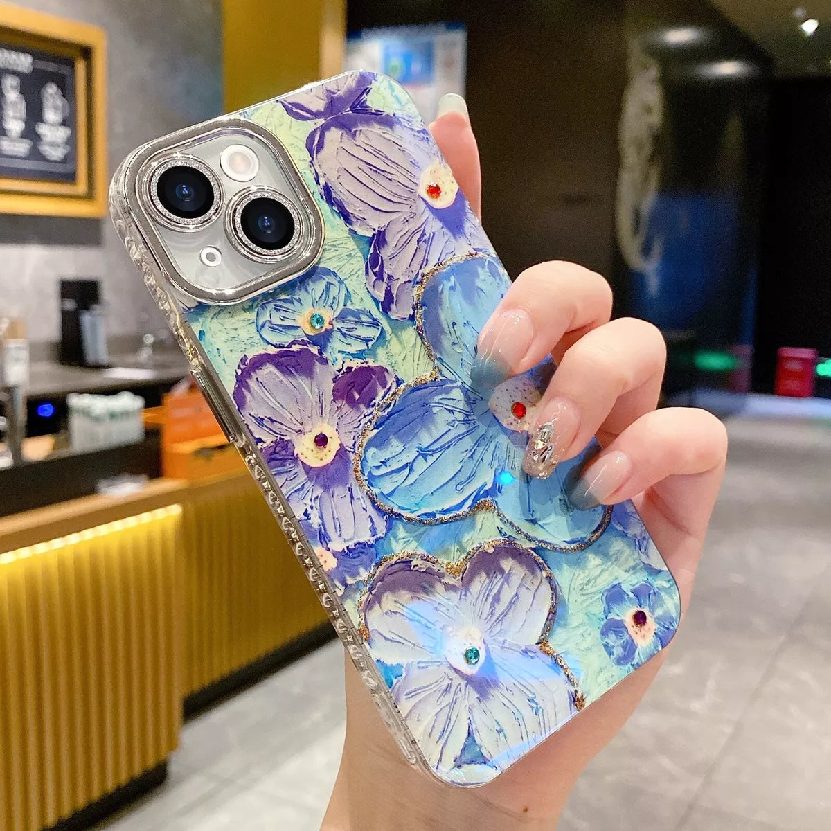 iPhone All Model Cover-Luxurious Glitter Lens Film Oil Painting Floral Phone Case