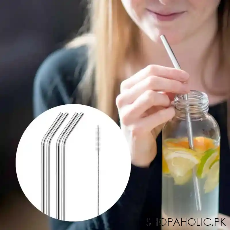 (Set of 5) Reusable Stainless Steel Straws With Cleaning Brush