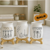 Ceramic Utensil Holder Set with Wooden Base for Kitchen & Dining Table
