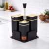 Luxury 4-Piece Black & Gold Spice Jar Set with Stand – Condiment Set