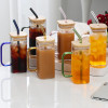 Square Glass Cup With Bamboo Lid & Straw
