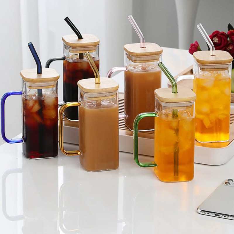 Square Glass Cup With Bamboo Lid & Straw