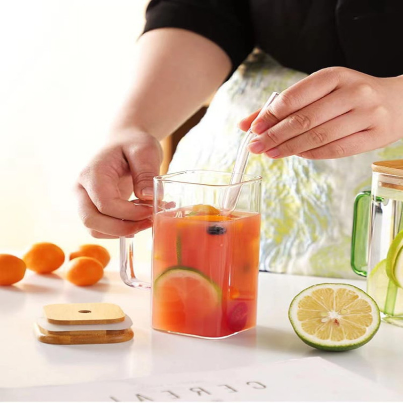 Square Glass Cup With Bamboo Lid & Straw