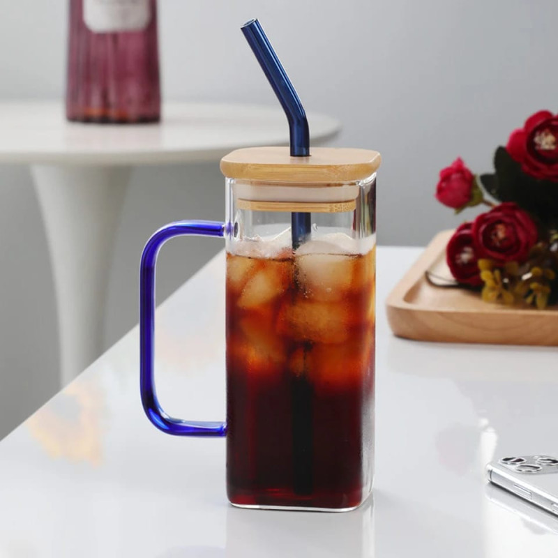 Square Glass Cup With Bamboo Lid & Straw