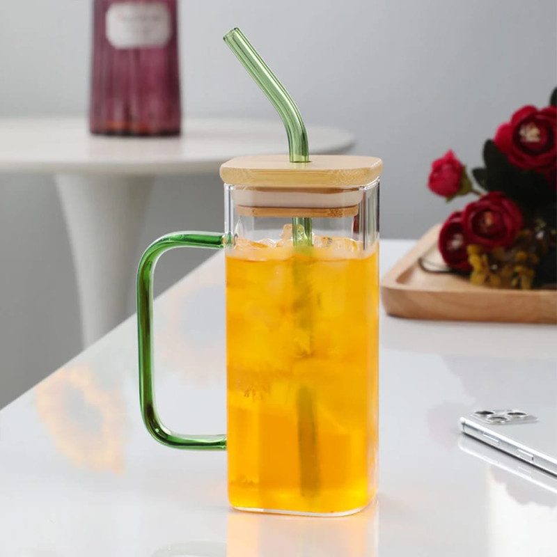 Square Glass Cup With Bamboo Lid & Straw