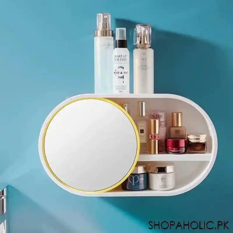 Wall Mounted Cosmetic Storage Organizer with Sliding Mirror