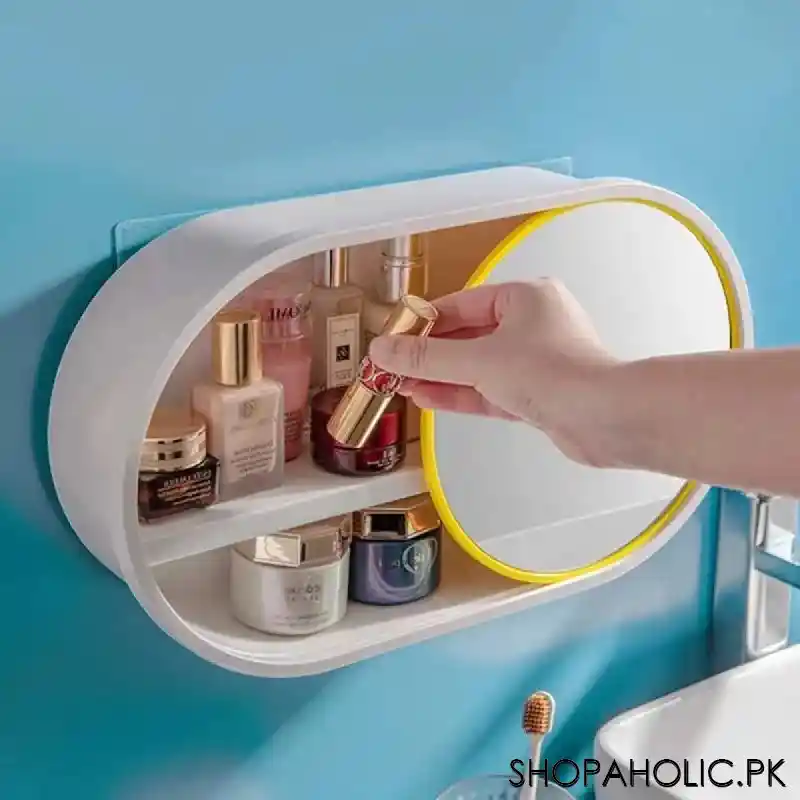 Wall Mounted Cosmetic Storage Organizer with Sliding Mirror