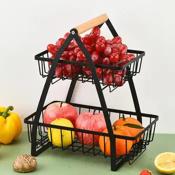 Wooden Handle Counter Top 2-Tier Fruit and Vegetable Stand by Metallics Home