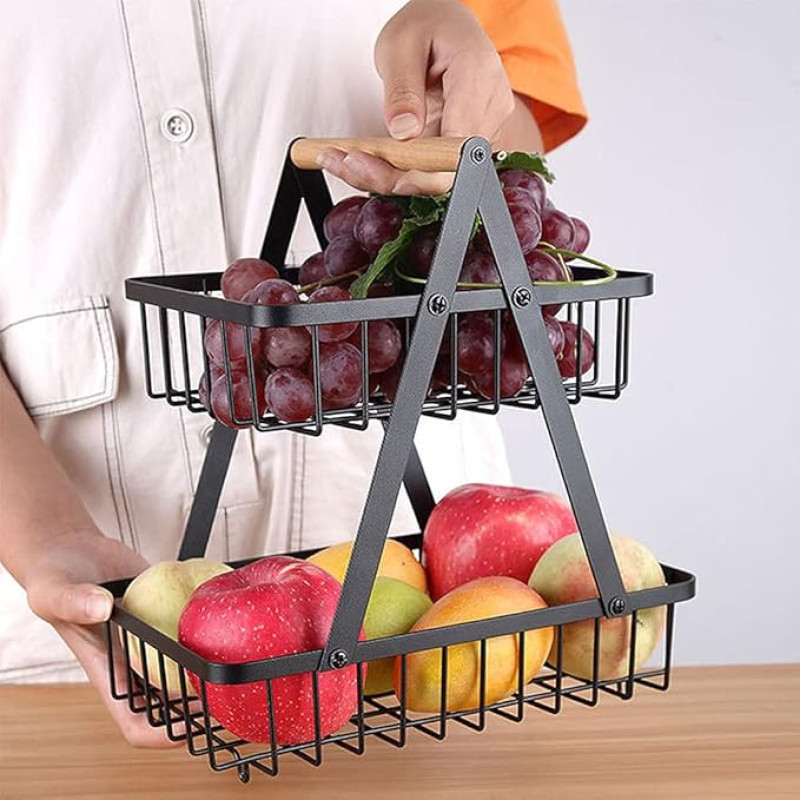 Wooden Handle Counter Top 2-Tier Fruit and Vegetable Stand by Metallics Home