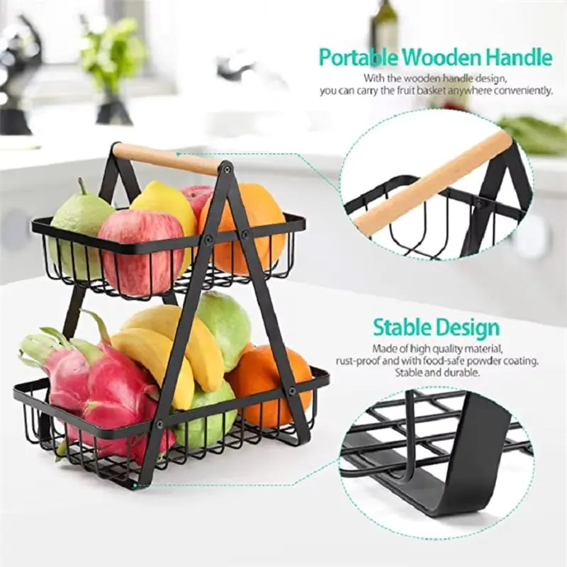 Wooden Handle Counter Top 2-Tier Fruit and Vegetable Stand by Metallics Home