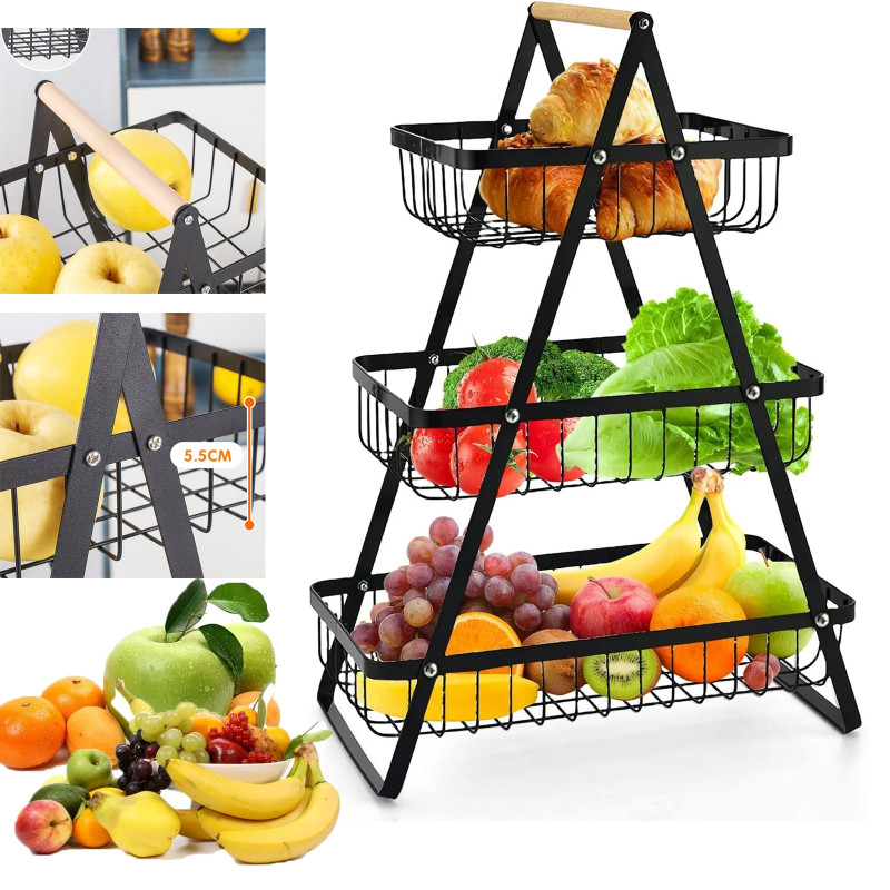 Wooden Handle Counter Top 3-Tier Fruit and Vegetable Stand by Metallics Home