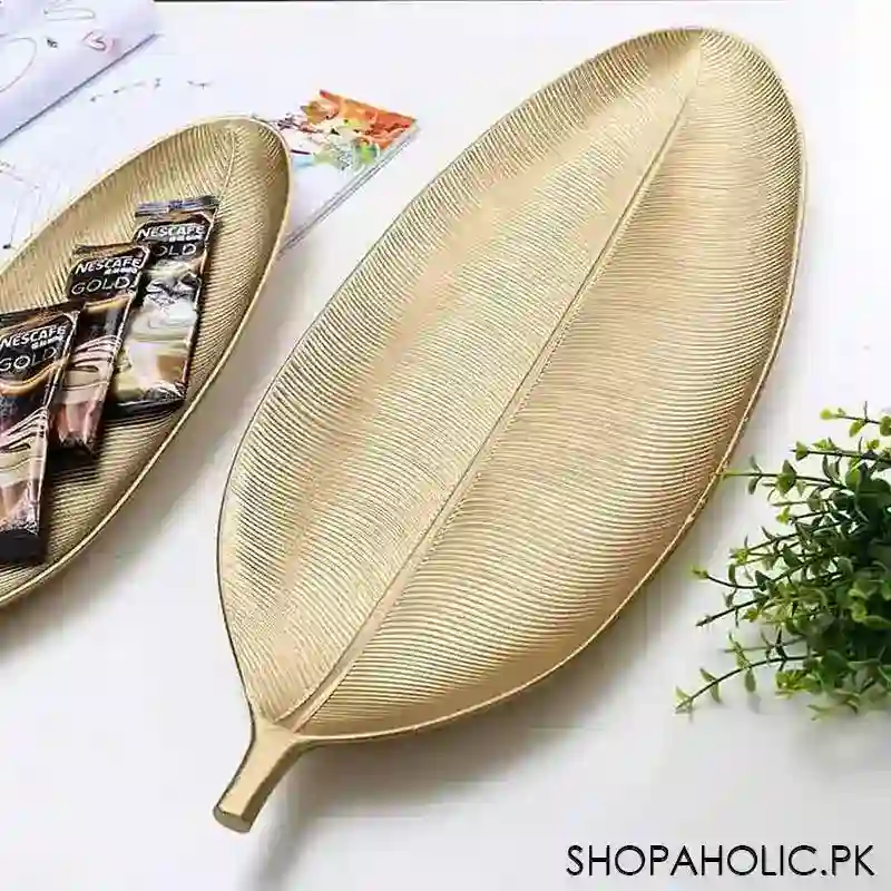 Wooden Leaf Shape Golden Serving Tray (Large)