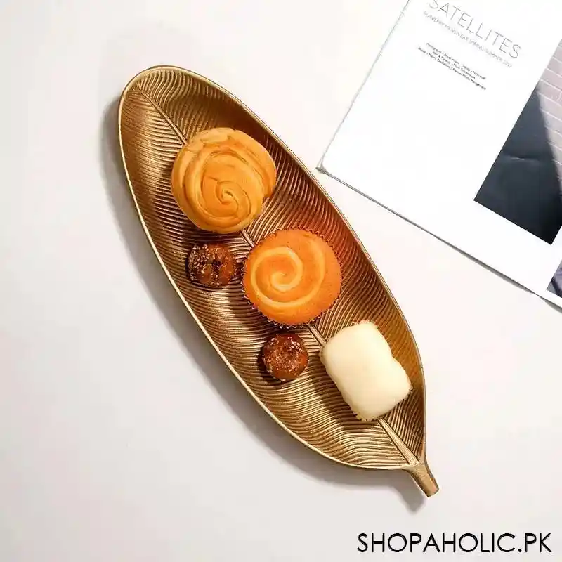 Wooden Leaf Shape Golden Serving Tray (Large)