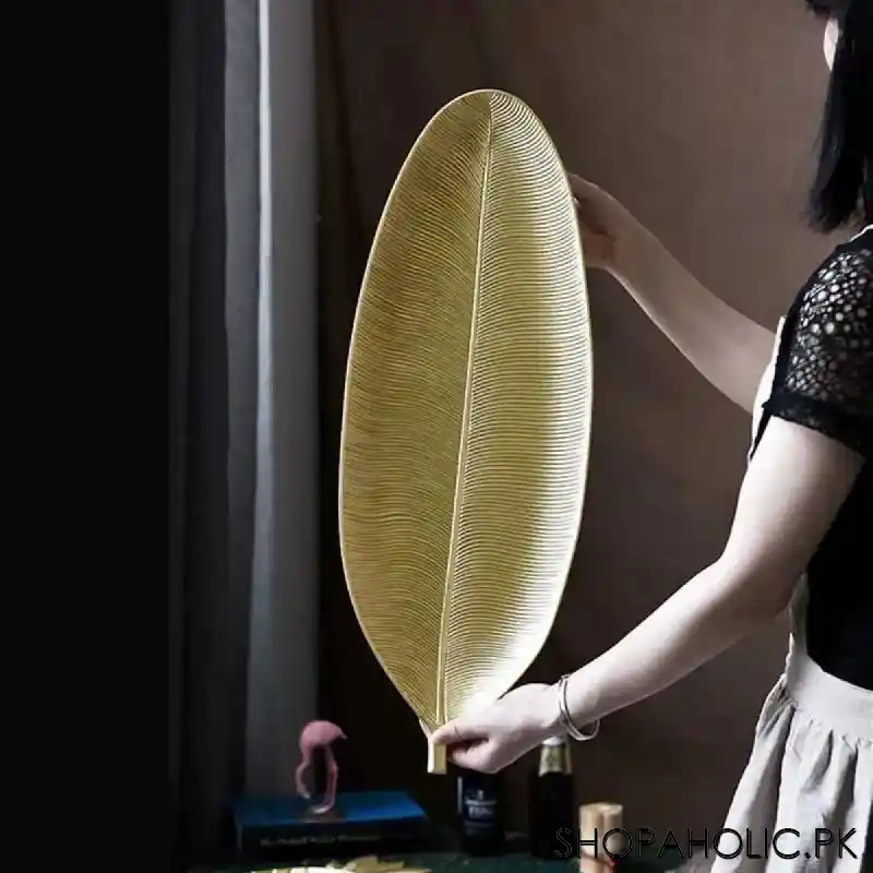 Wooden Leaf Shape Golden Serving Tray (Large)